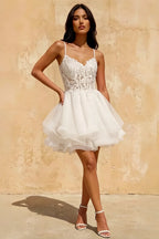 Gail White Rhinestone Mini Dress | Lace Tulle Party Gown