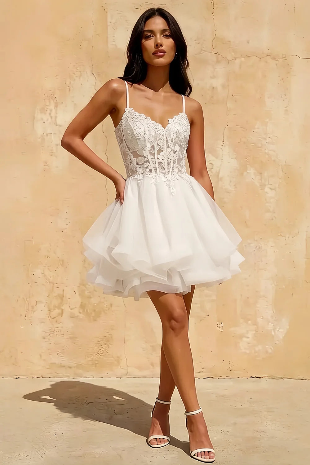 Gail White Rhinestone Mini Dress | Lace Tulle Party Gown