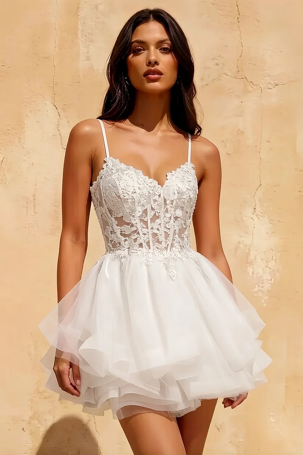 Gail White Rhinestone Mini Dress | Lace Tulle Party Gown