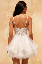 Gail White Rhinestone Mini Dress | Lace Tulle Party Gown