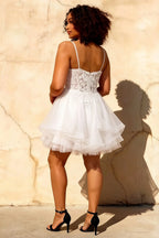 Gail White Rhinestone Mini Dress | Lace Tulle Party Gown