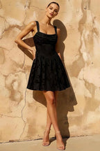 Gareth Black Lace Up Mini Dress | Cowl Neck A-Line Party Gown