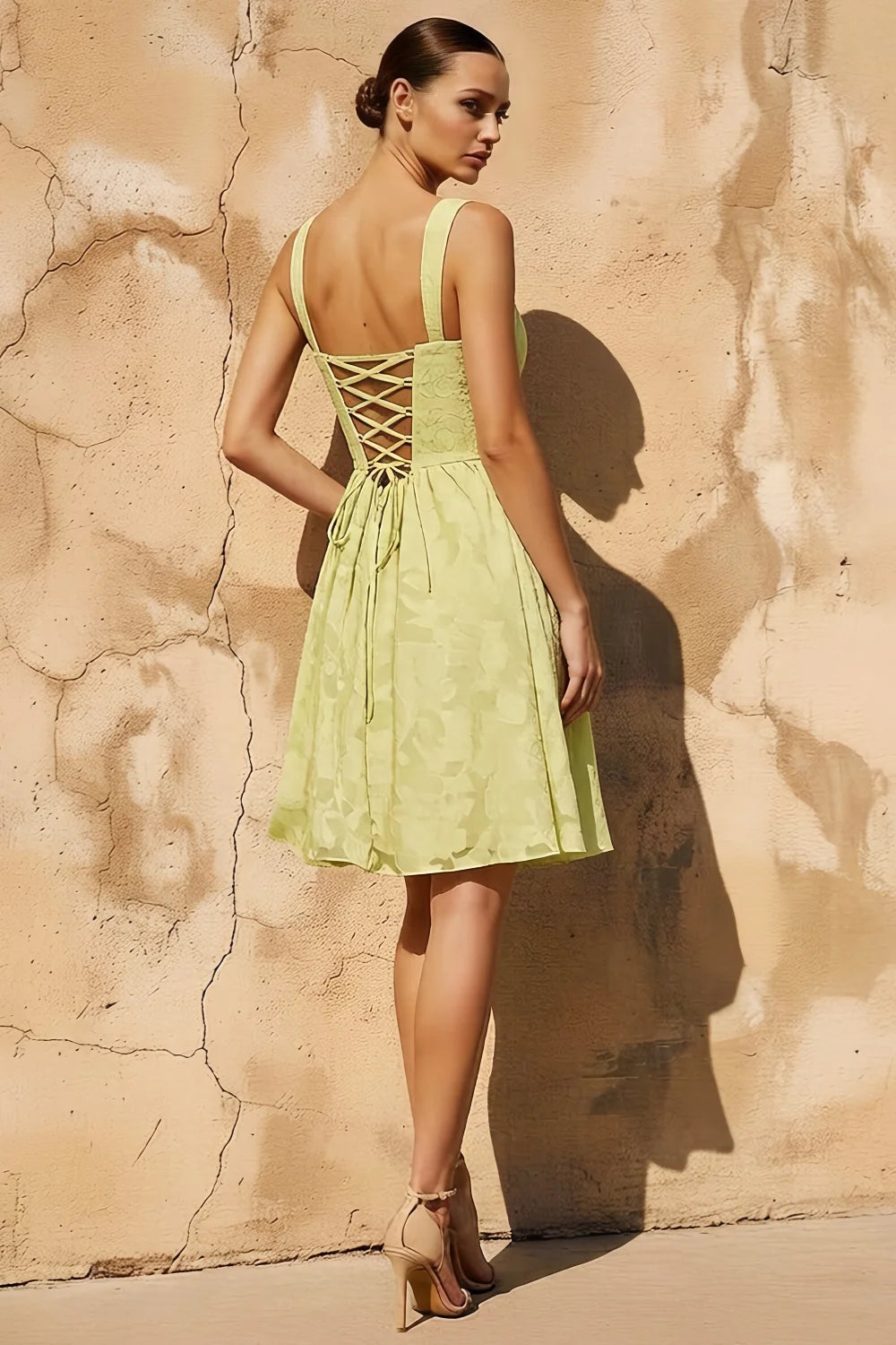 Gareth Lace Up Back Mini Dress - Yellow Floral Burnout Secondary image