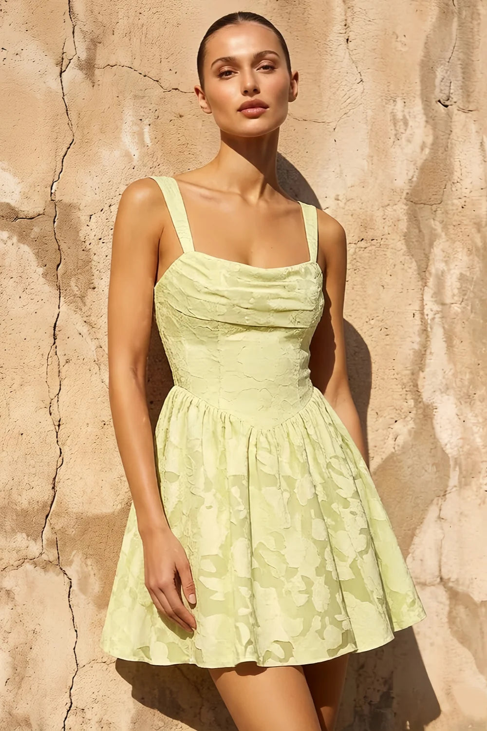 Gareth Lace Up Back Mini Dress - Yellow Floral Burnout