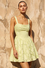 Gareth Lace Up Back Mini Dress - Yellow Floral Burnout