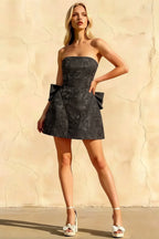 Gayle Black Jacquard Mini Dress - Strapless Lace-Up Party Dress