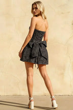 Gayle Black Jacquard Mini Dress - Strapless Lace-Up Party Dress
