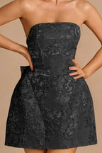 Gayle Black Jacquard Mini Dress - Strapless Lace-Up Party Dress