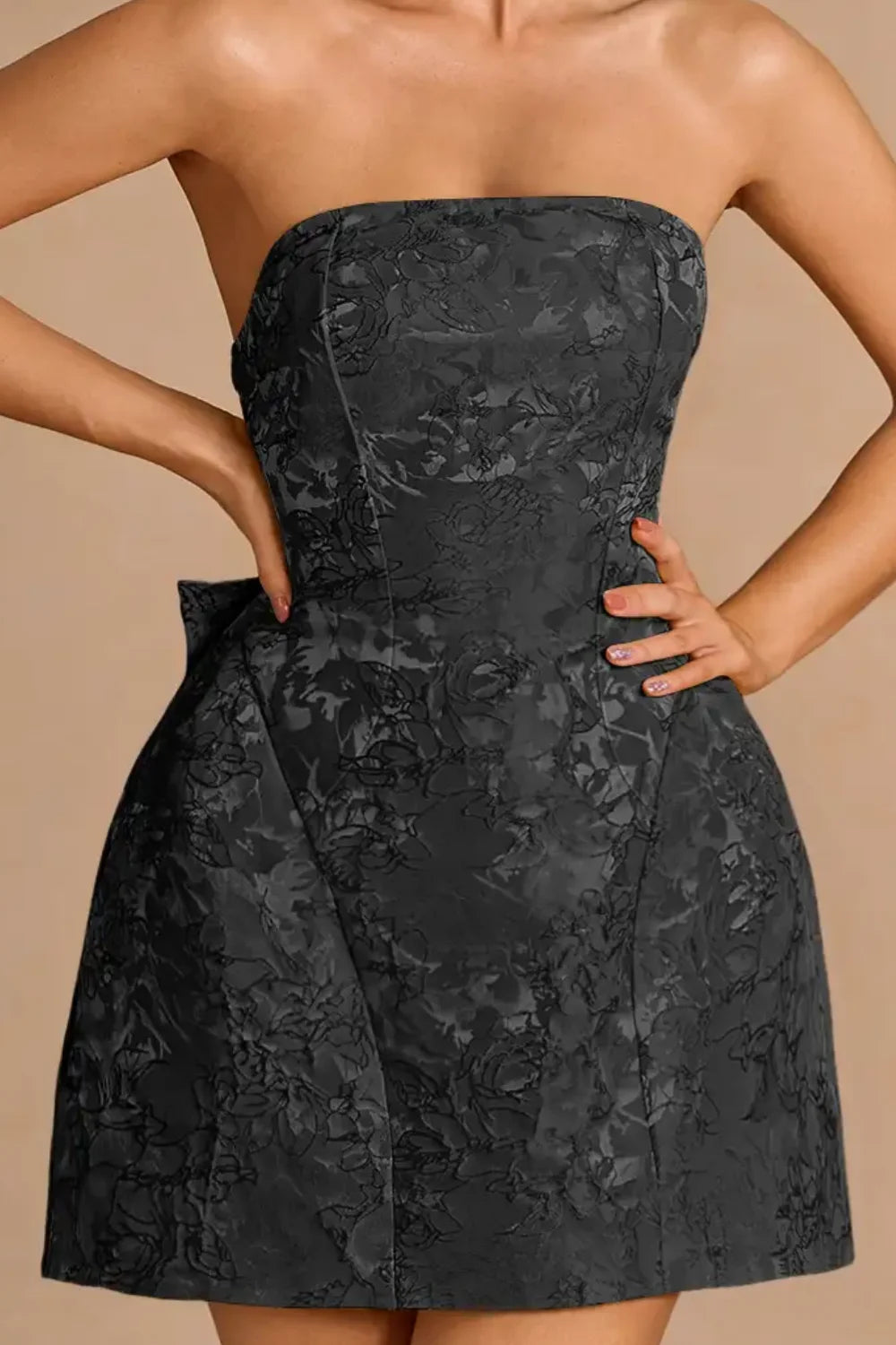 Gayle Black Jacquard Mini Dress - Strapless Lace-Up Party Dress