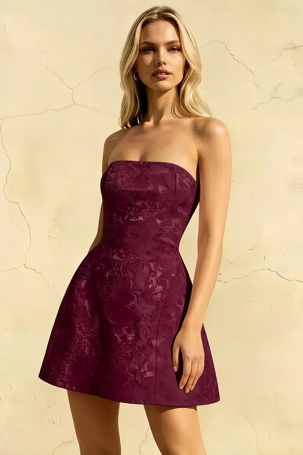 Gayle Burgundy Jacquard Strapless Lace-Up Mini Dress