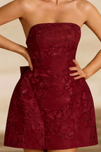 Gayle Burgundy Jacquard Strapless Lace-Up Mini Dress