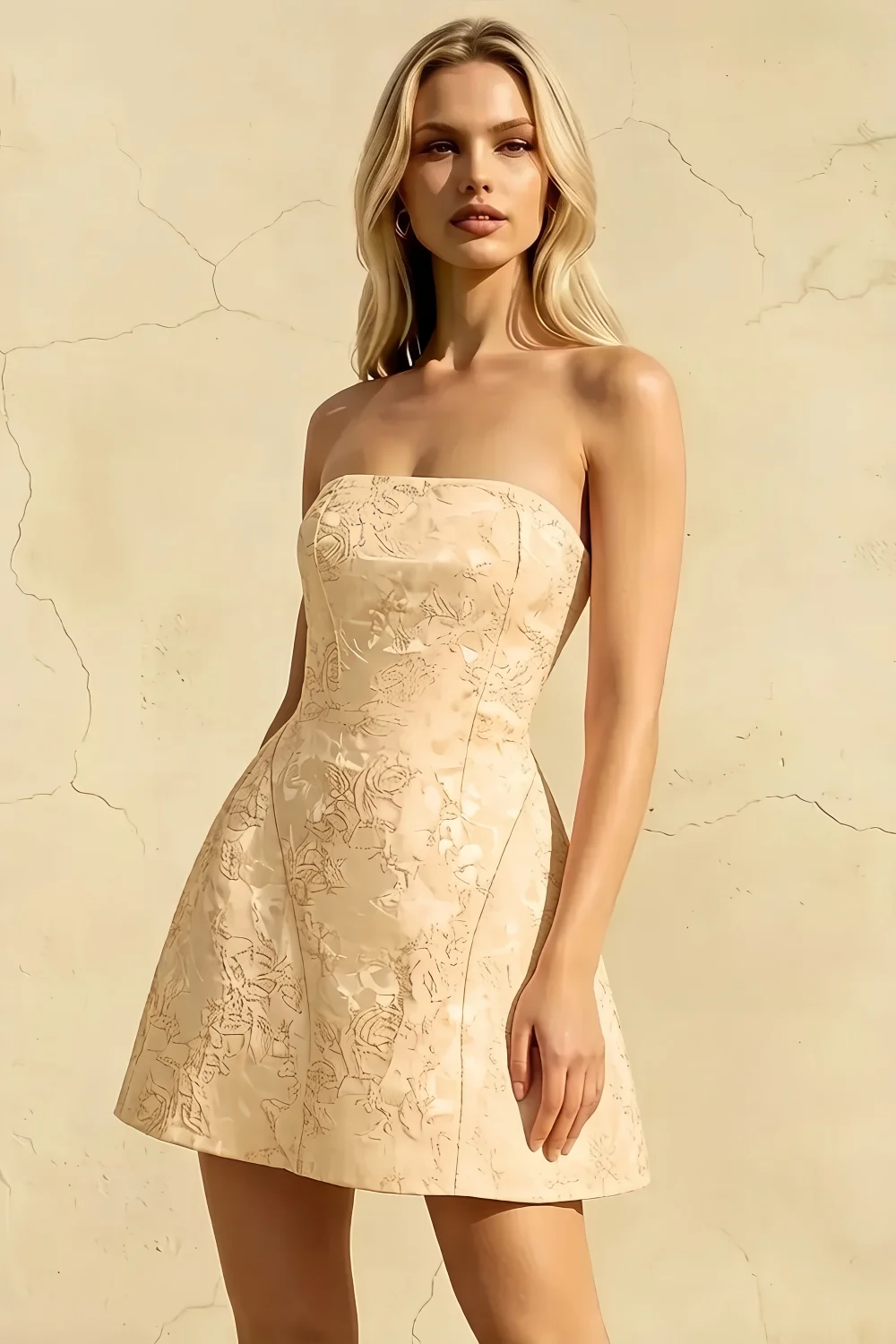 Gayle Champagne Floral Jacquard Mini Dress with Bow