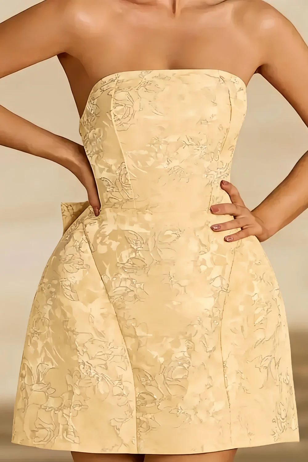Gayle Champagne Floral Jacquard Mini Dress with Bow