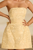 Gayle Champagne Floral Jacquard Mini Dress with Bow