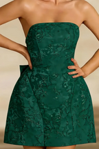 Gayle Emerald Green Jacquard Dress Mini | Strapless Bow Back