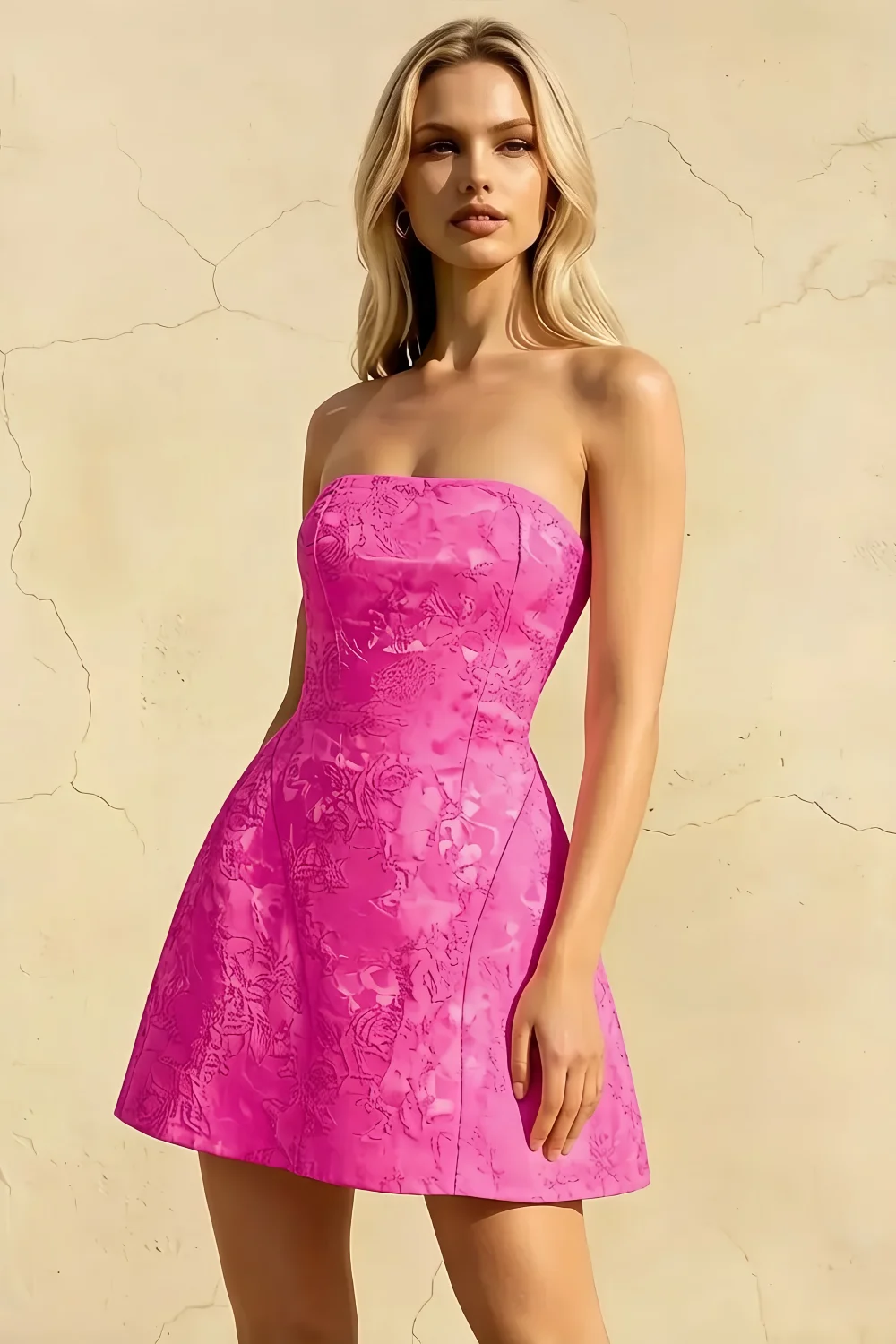 Gayle Hot Pink Mini Jacquard Dress | Strapless Bow Back Prom Gown