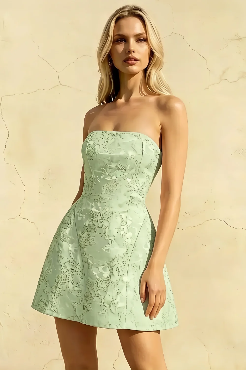 Gayle Mint Laila Mini Dress Jacquard Strapless Fit And Flare Dress
