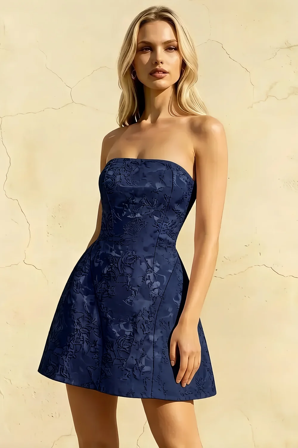 Gayle Navy Jacquard Mini Dress | Strapless Bow Back Party Gown