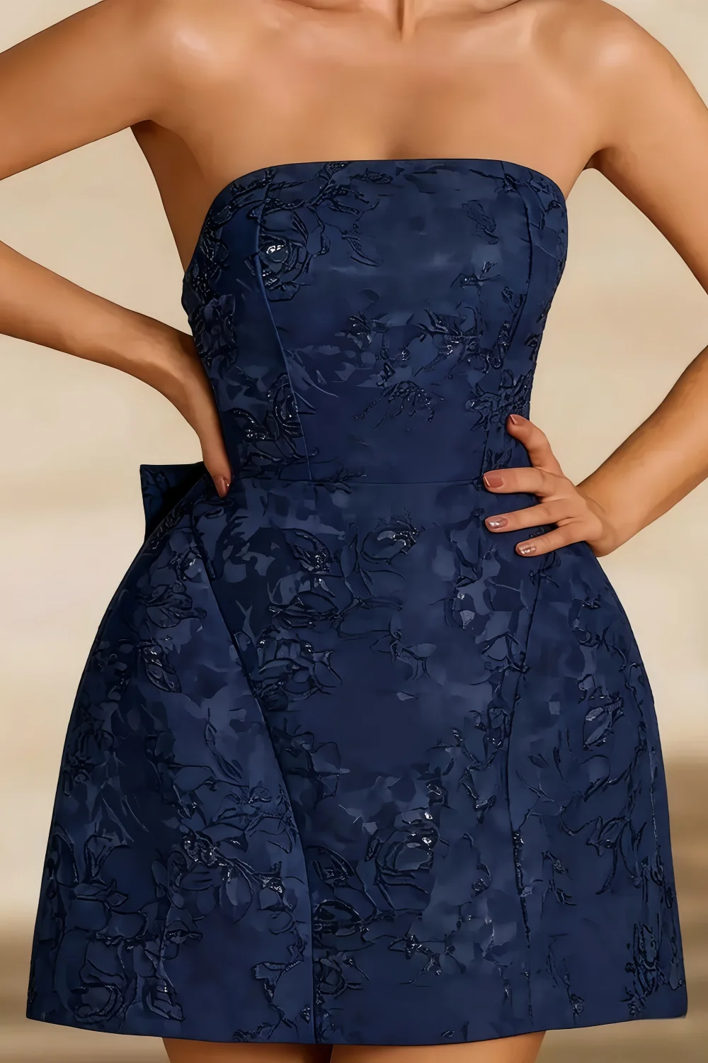 Gayle Navy Jacquard Mini Dress | Strapless Bow Back Party Gown