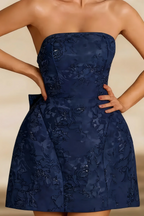 Gayle Navy Jacquard Mini Dress | Strapless Bow Back Party Gown
