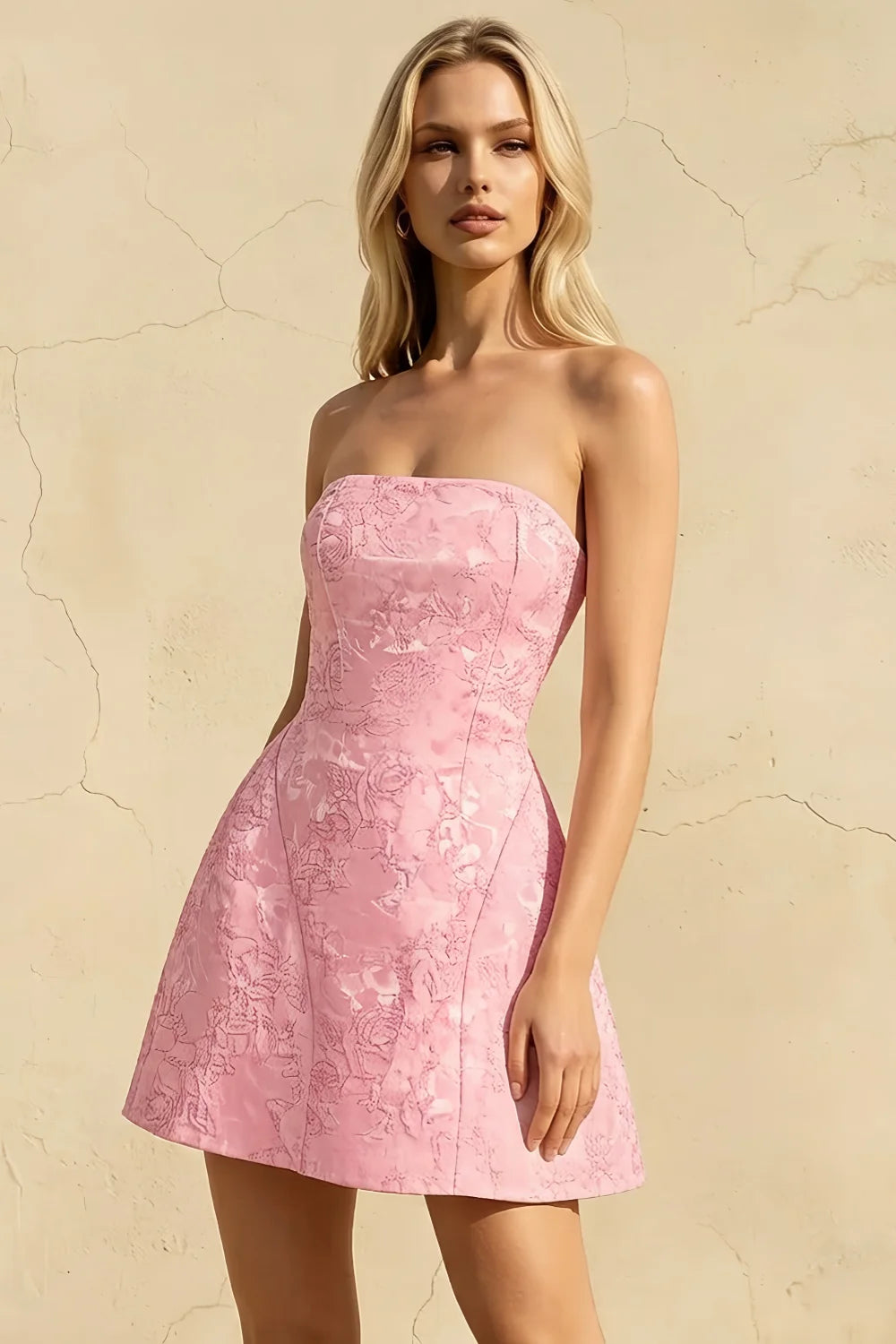Gayle Pink Jacquard Mini Dress | Strapless Bow Back Dress