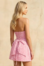 Gayle Pink Jacquard Mini Dress | Strapless Bow Back Dress
