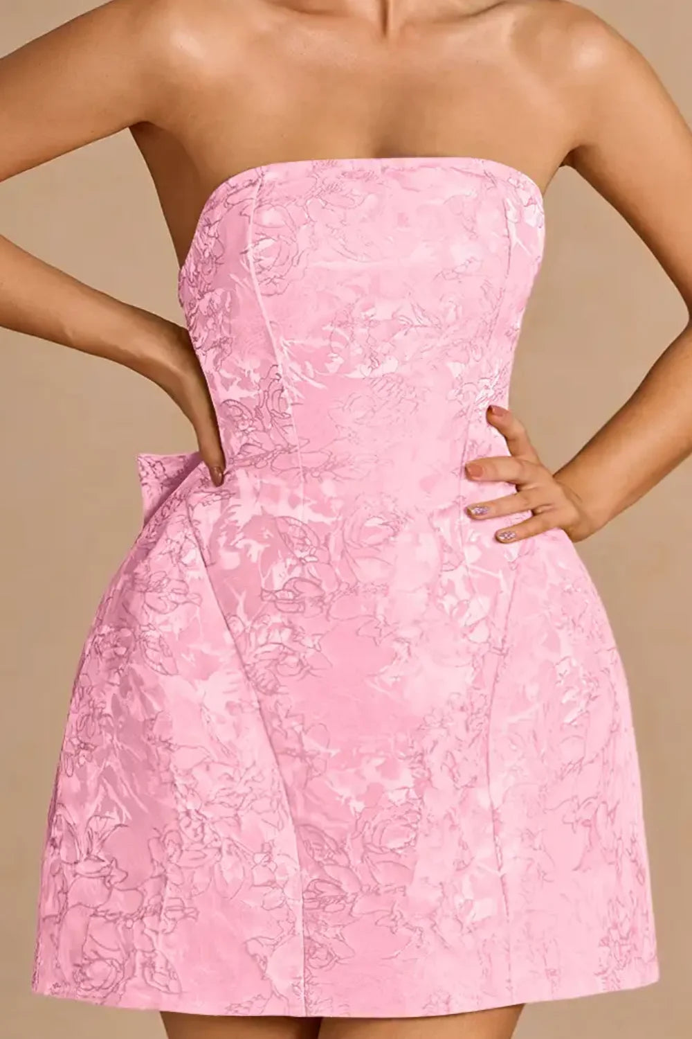 Gayle Pink Jacquard Mini Dress | Strapless Bow Back Dress