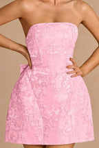 Gayle Pink Jacquard Mini Dress | Strapless Bow Back Dress