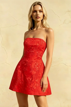 Gayle Red Strapless Jacquard Mini Dress with Bow Back