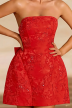 Gayle Red Strapless Jacquard Mini Dress with Bow Back