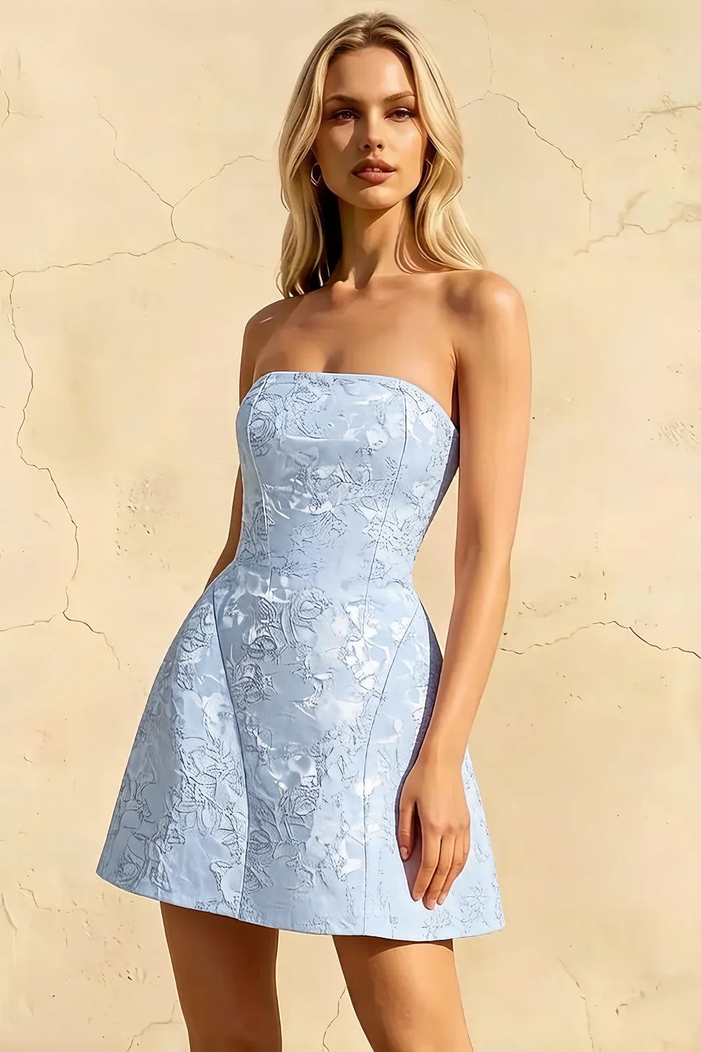 Gayle Sky Blue Sleeveless Jacquard Mini Dress with Bow