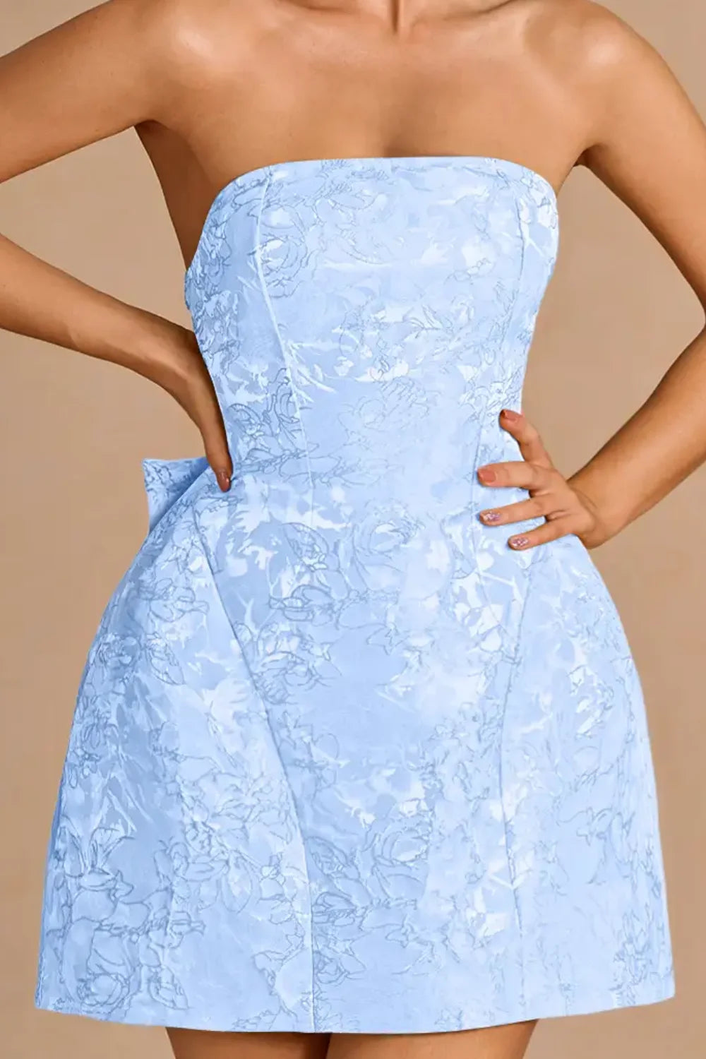 Gayle Sky Blue Sleeveless Jacquard Mini Dress with Bow