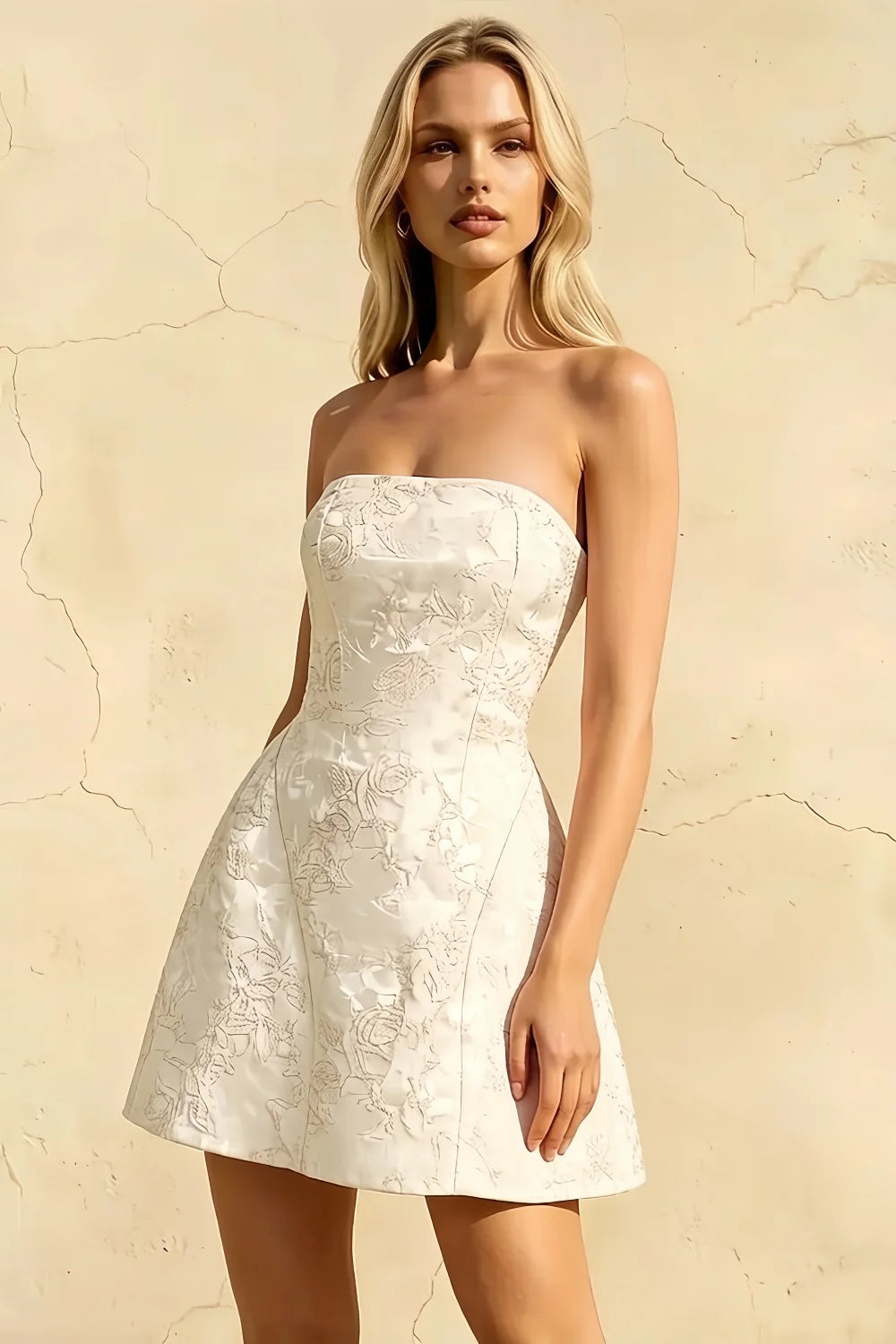 Gayle White Jacquard Strapless Mini Dress with Bow
