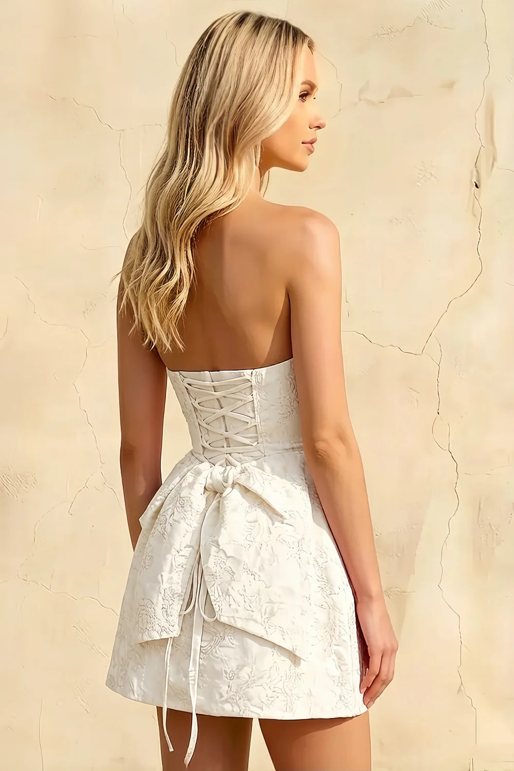 Gayle White Jacquard Strapless Mini Dress with Bow