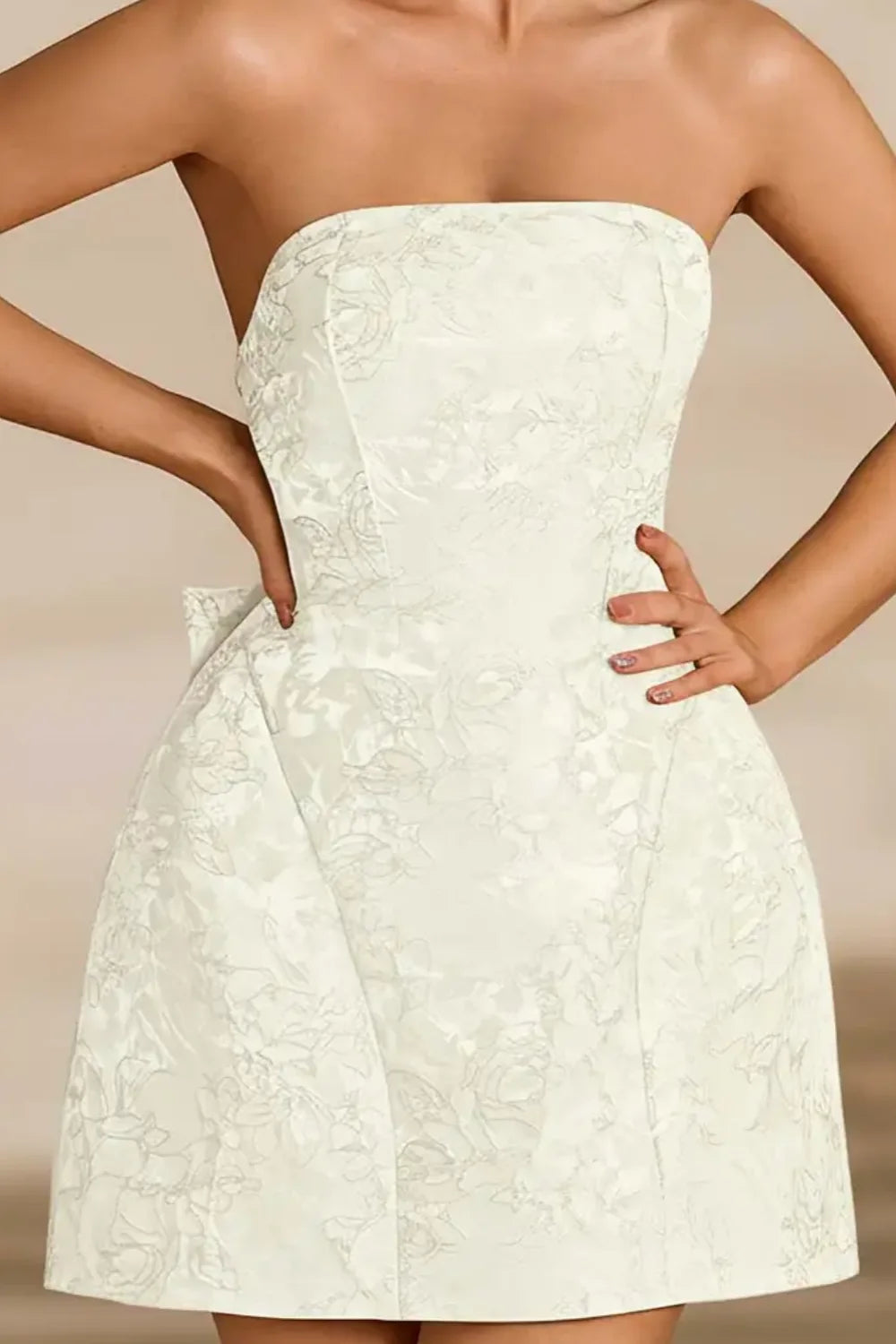 Gayle White Jacquard Strapless Mini Dress with Bow