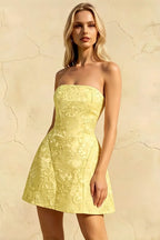 Gayle Yellow Jacquard Strapless Mini Dress with Bow