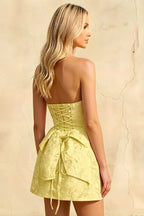 Gayle Yellow Jacquard Strapless Mini Dress with Bow
