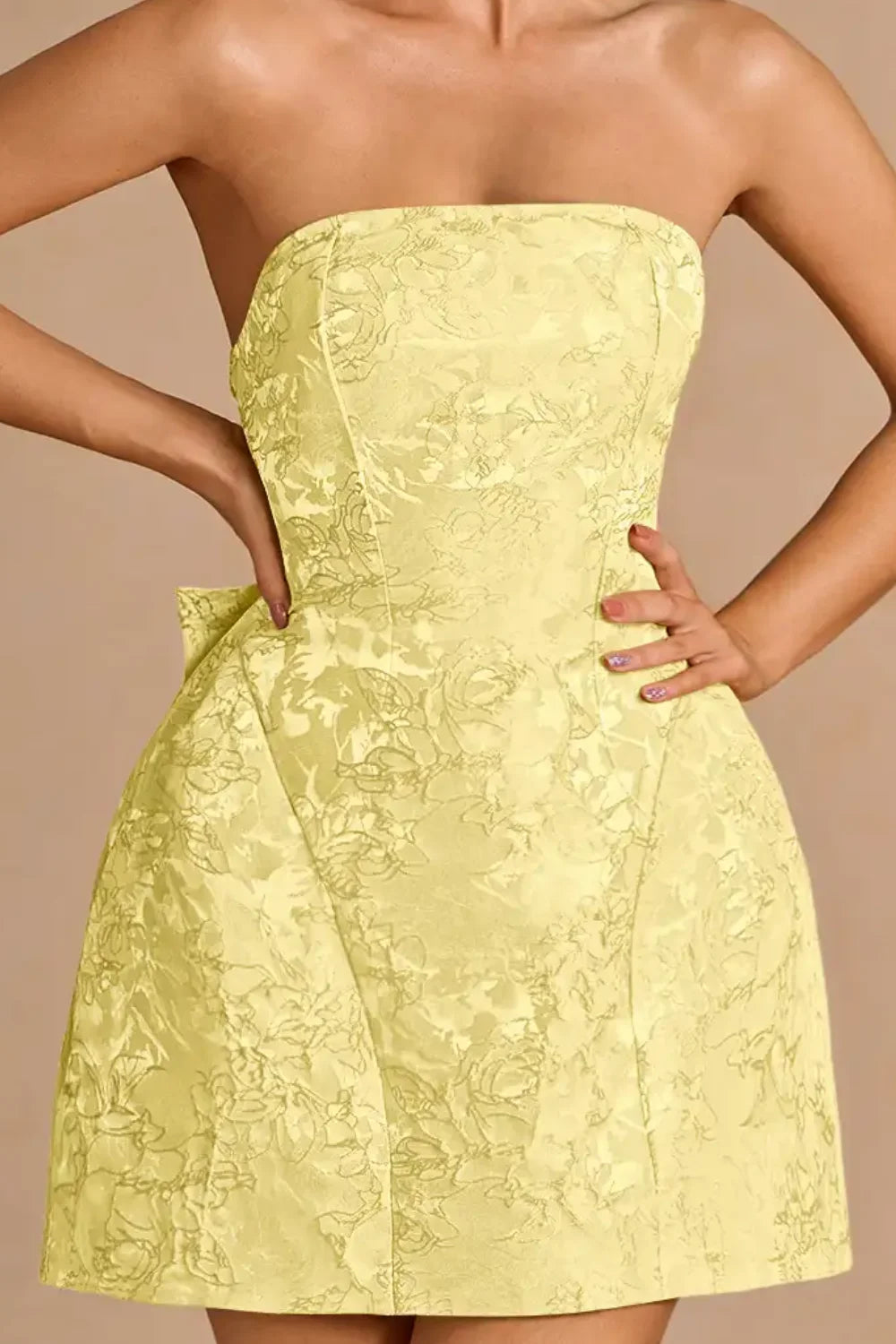 Gayle Yellow Jacquard Strapless Mini Dress with Bow