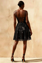 Gemma Black Glitter Lace Mini Dress | Backless A-Line Party Wear