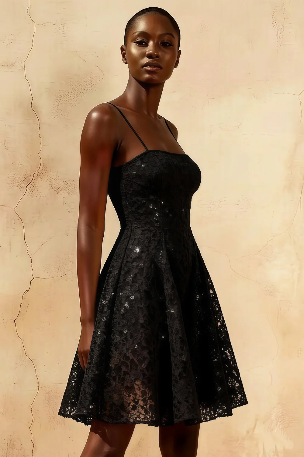 Gemma Black Glitter Lace Mini Dress | Backless A-Line Party Wear