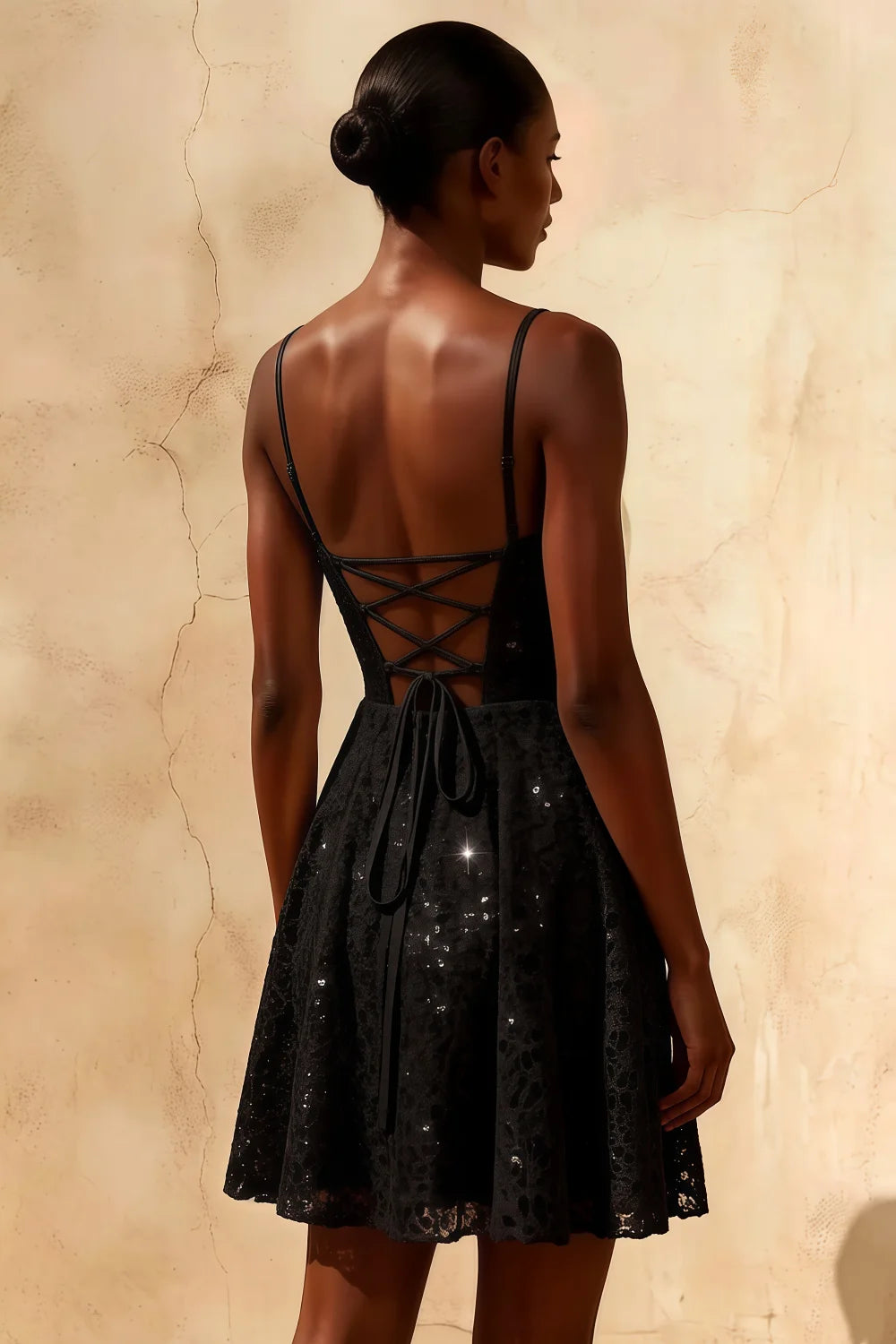 Gemma Black Glitter Lace Mini Dress | Backless A-Line Party Wear