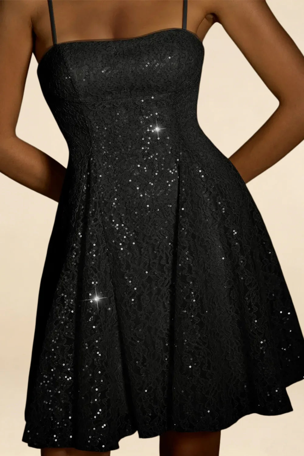 Gemma Black Glitter Lace Mini Dress | Backless A-Line Party Wear