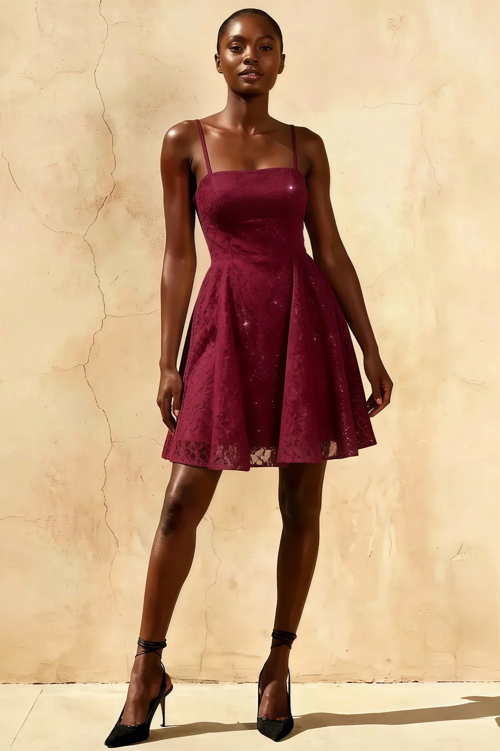 Gemma Burgundy Glitter Mini Dress | Lace-Up A-Line Party Gown Main image