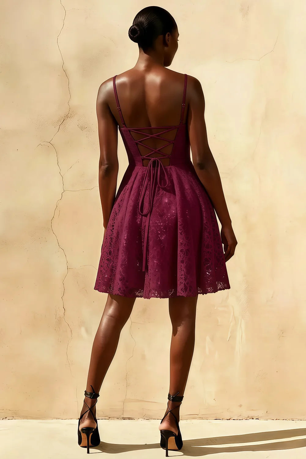 Gemma Burgundy Glitter Mini Dress | Lace-Up A-Line Party Gown Secondary image