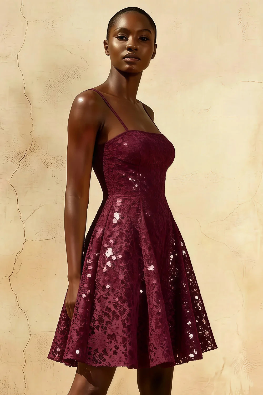 Gemma Burgundy Glitter Mini Dress | Lace-Up A-Line Party Gown