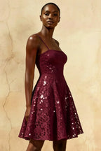 Gemma Burgundy Glitter Mini Dress | Lace-Up A-Line Party Gown