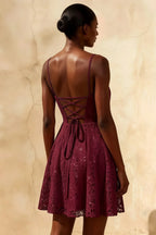 Gemma Burgundy Glitter Mini Dress | Lace-Up A-Line Party Gown