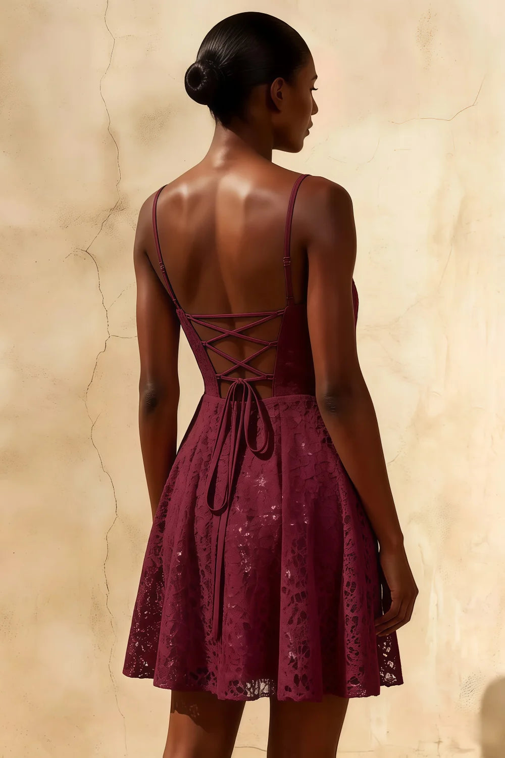 Gemma Burgundy Glitter Mini Dress | Lace-Up A-Line Party Gown