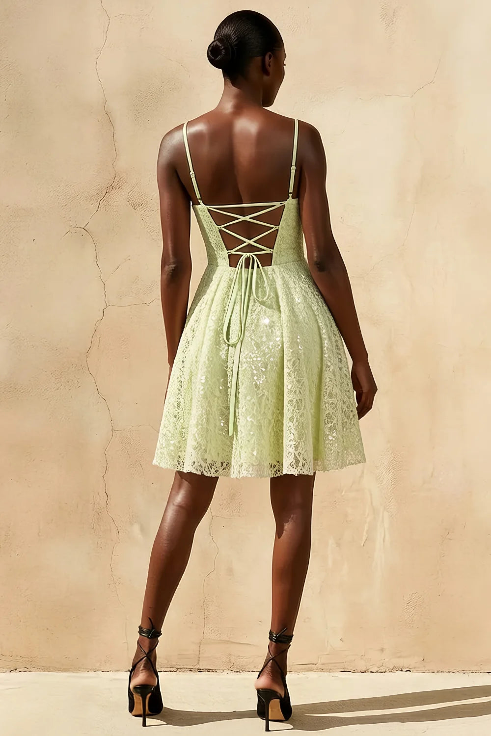 Gemma Dusty Green Glitter Mini Lace-Up Dress