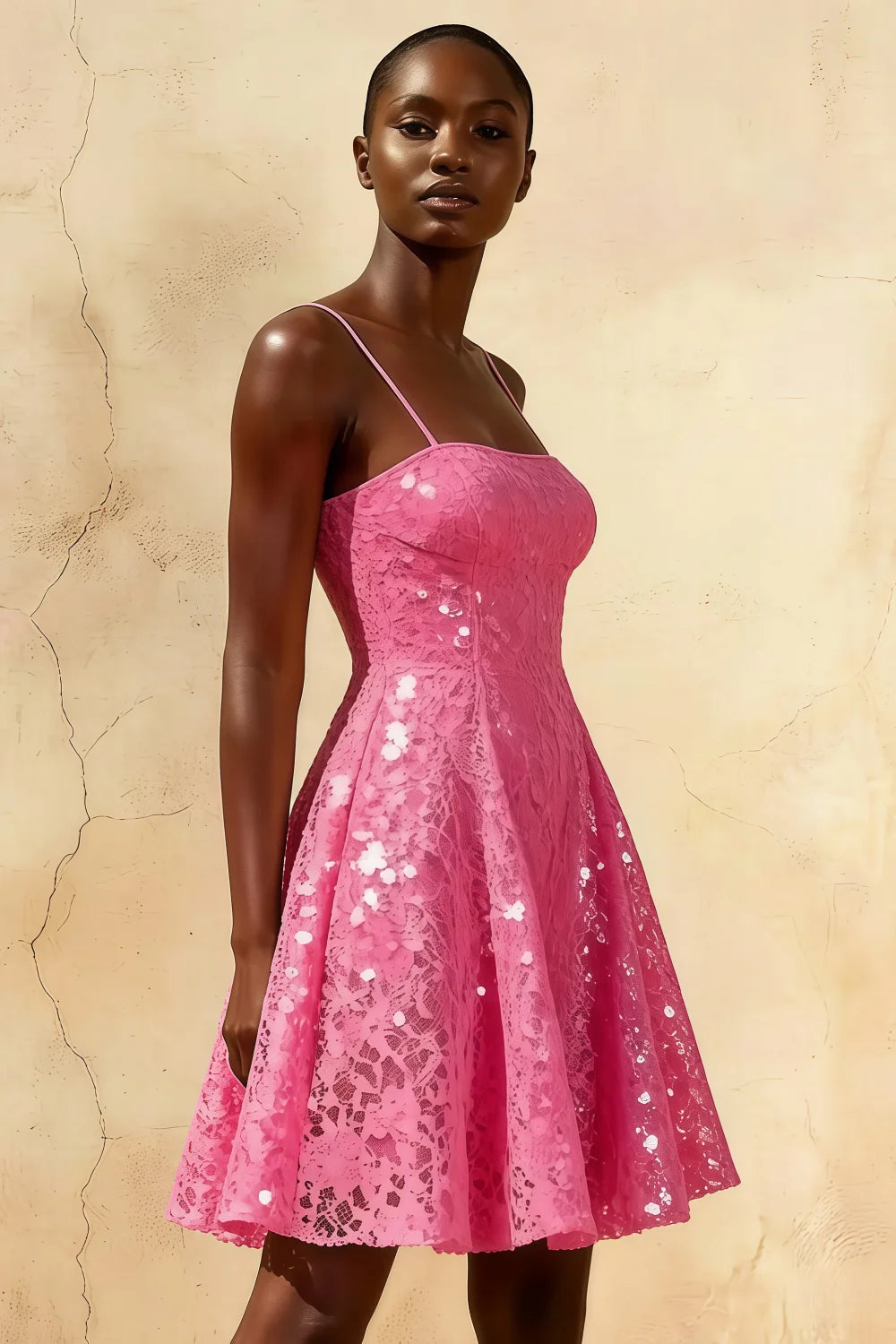 Gemma Fuchsia Glitter Mini Dress - Sparkly Lace-Up Party Gown